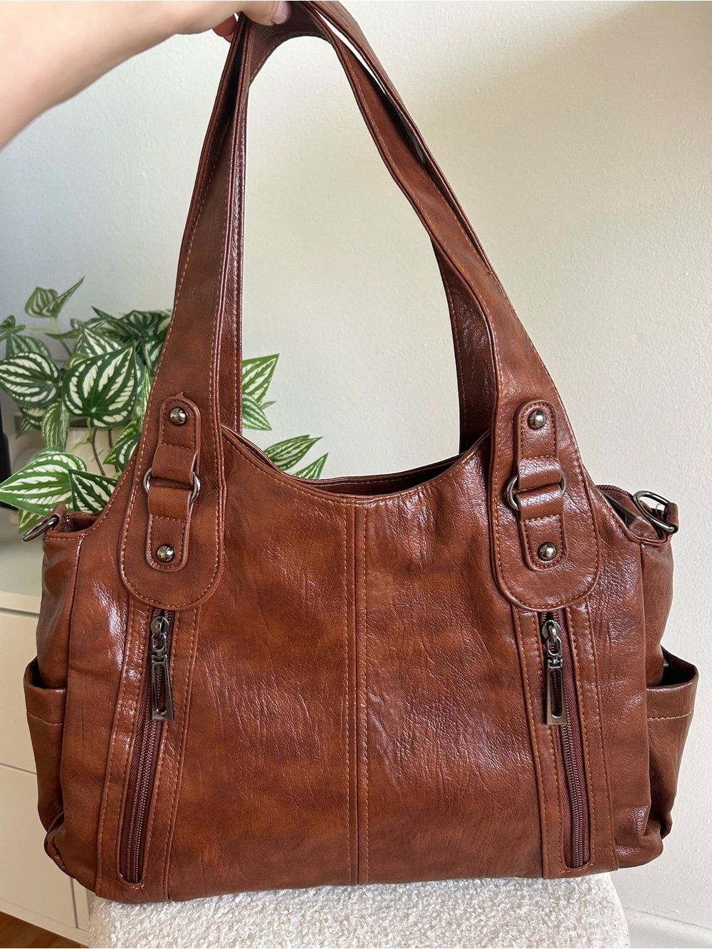 Camel brown vegan leather everyday tote bag